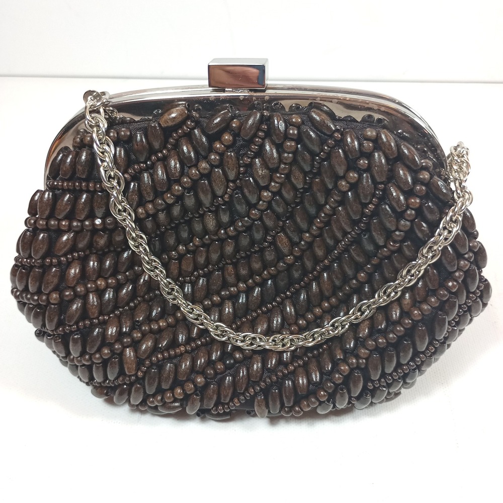Ann Taylor Beaded Clutch Brown Wood Bead Evening Bag Silver Chain Strap Purse